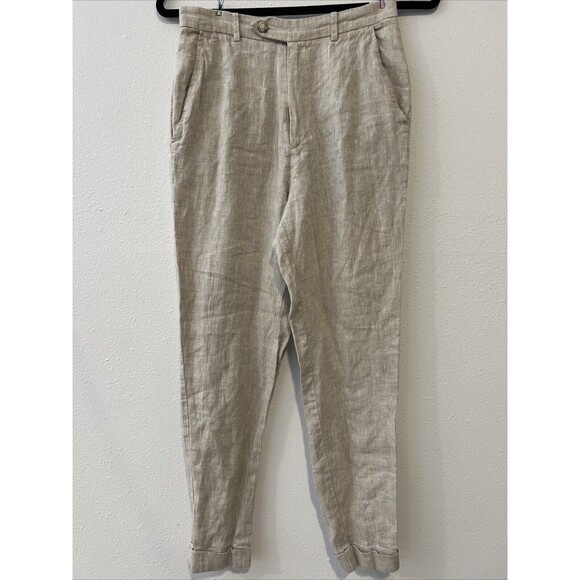 Reformation Linen Pants Size 0 Oatmeal Tapered Pleated Cuffed‎ Pockets Boho - Picture 1 of 16